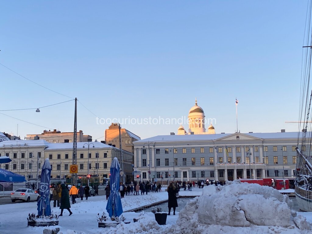 Winter in Finland Helsinki. Helsinki cathedral and market place with piled snow.